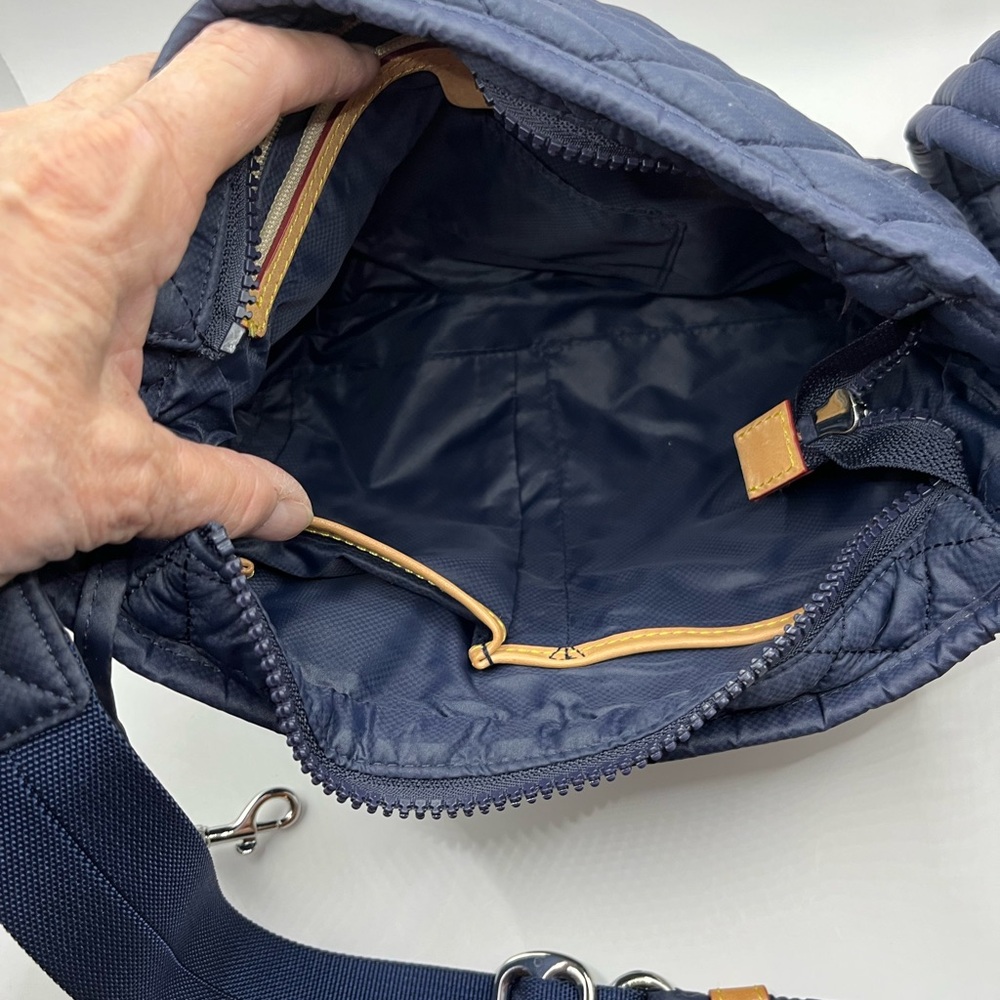 MZ Wallace Quilted Navy Blue Shoulder/Crossbody Bag with Tan Leather Trim - Picture 6 of 16